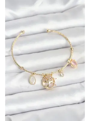 Hayat Ağacı Charmlı Gold Renk Pirinç Kadın Bileklik