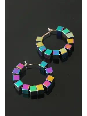 Hematit Kare Tasarım Taşlı Kadın Halka Küpe