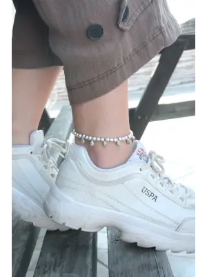 İnci Boncuklu Antik Gümüş Renk Halhal