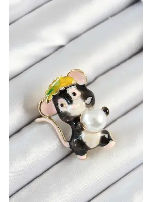 İnci Detaylı Siyah Ve Pembe 3D Sevimli Fare Figürlü Gold Renk Kadın Broş