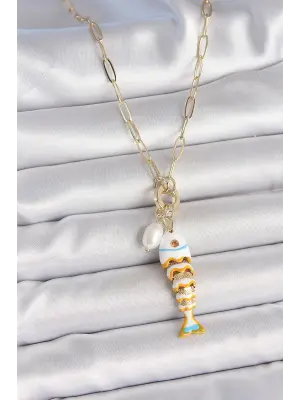 İnci Detaylı Zirkon Taşlı Beyaz Balık Figürlü Gold Renk Pirinç Kolye