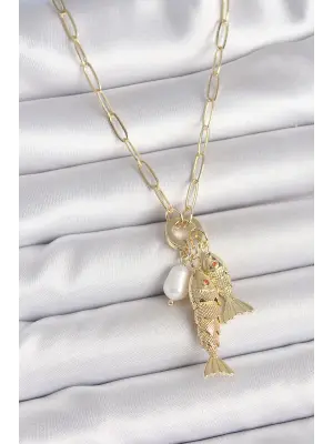 İnci Detaylı Zirkon Taşlı Çiftli Balık Figürlü Gold Renk Pirinç Kolye