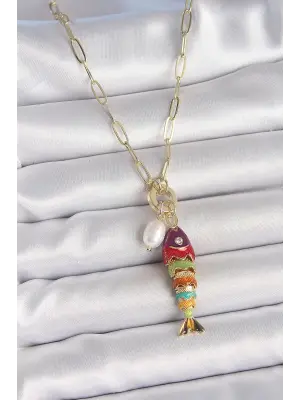İnci Detaylı Zirkon Taşlı Rainbow Balık Figürlü Gold Renk Pirinç Kolye