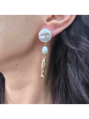 İncili Balık Küpe Sallantılı Gold