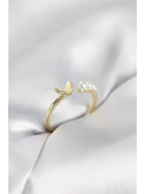 İncili Kelebek Model Gold Renk Pirinç Kadın Yüzük