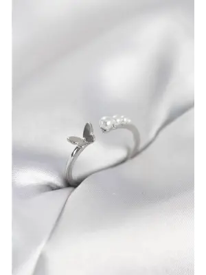 İncili Kelebek Model Gümüş Renk Pirinç Kadın Yüzük