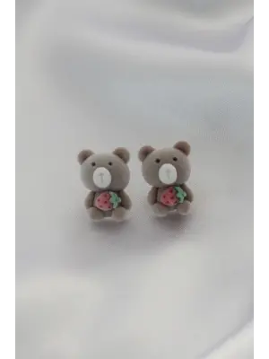 Kahverengi Ayıcık Teddy Figür Çilek Detay Kadın Küpe