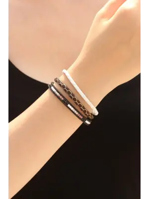 Kahverengi Desenli Tasarımlı Taşlı Beyaz Örgü Model Kadın Deri Bileklik