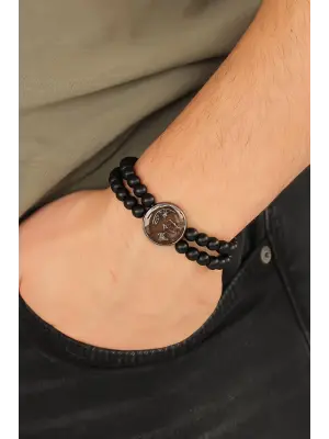 Kahverengi Füme Renk Metal Atatürk Portresi Tasarımlı Siyah Renk Mat Oniks Doğal Taş Erkek Bileklik