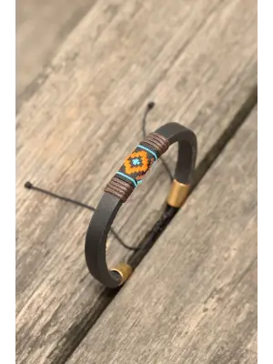 Kahverengi İpli Etnik Desenli Kadın Deri Bileklik