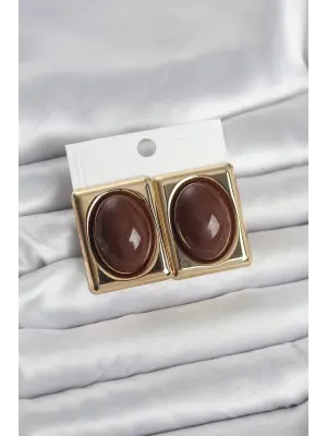 Kahverengi Kare Model Vintage Gold Renk Kadın Küpe