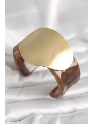 Kahverengi Mermer Desen Akrilik Plastik Gold Daire Plaka Model Vintage Kadın Bilezik
