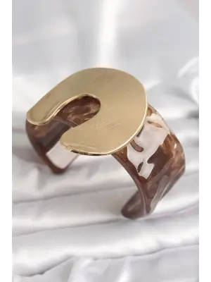 Kahverengi Mermer Desen Akrilik Plastik Gold Nal Model Plaka Vintage Kadın Bilezik