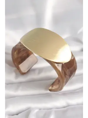 Kahverengi Mermer Desen Akrilik Plastik Gold Oval Plaka Model Vintage Kadın Bilezik