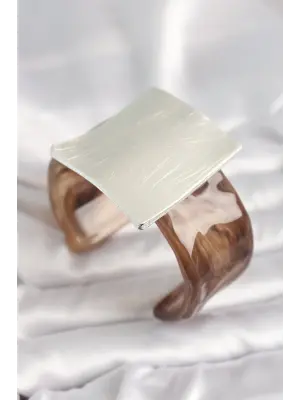 Kahverengi Mermer Desen Akrilik Plastik Gümüş Kare Plaka Model Vintage Kadın Bilezik