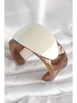 Kahverengi Mermer Desen Akrilik Plastik Gümüş Oval Plaka Model Vintage Kadın Bilezik