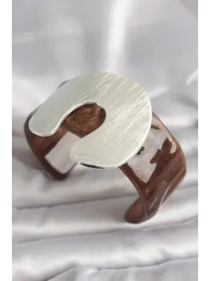 Kahverengi Mermer Desen Akrilik Plastik Gümüş Plaka Model Vintage Kadın Bilezik