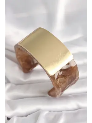 Kahverengi Mermer Desen Akrilik Platik Gold Dikdörtgen Plaka Model Vintage Kadın Bilezik