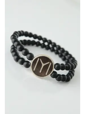 Kahverengi Metal Üzerine Eskitme Gümüş Kayı Boyu Figürlü Siyah Renk Çift Sıra Doğal Taş Erkek Bileklik