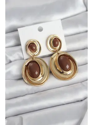 Kahverengi Sallantılı Damla Model Gold Renk Vintage Kadın Küpe