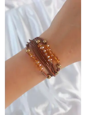 Kahverengi Zirkon Taşlı İpli Çoklu Bileklik