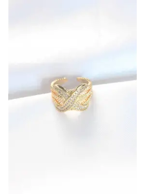 Kalın Zirkon Taşlı Altın Ayarlanabilir X Tasarım Yüzük