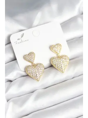 Kalp Model Zirkon Taşlı Gold Renk Pirinç Kadın Küpe