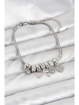 Kelebek Charmlı Gümüş Renk Kadın Bileklik