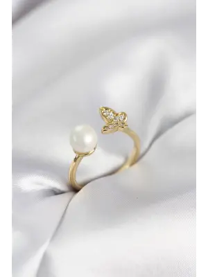 Kelebek İncili Model Gold Renk Zirkon Taşlı Kadın Yüzük