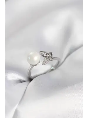 Kelebek İncili Model Gümüş Renk Zirkon Taşlı Kadın Yüzük