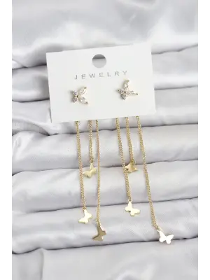 Kelebek Model Gold Renk Pirinç Sallantılı Kadın Küpe