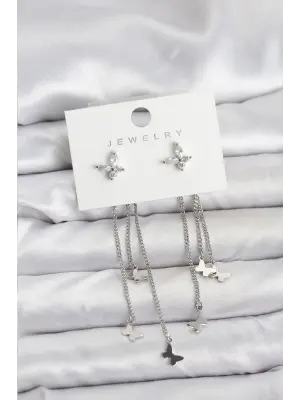 Kelebek Model Gümüş Renk Pirinç Sallantılı Kadın Küpe