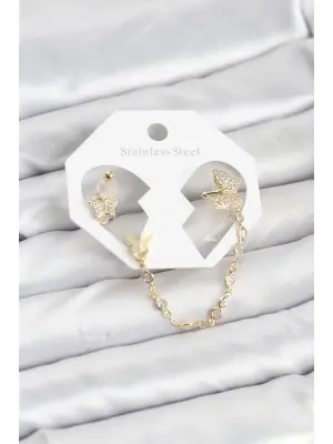 Kelebek Model Çelik Gold Renk Zincir Bağlantılı Ear Cuff Küpe Seti
