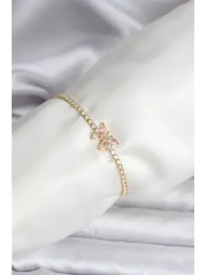 Kelebek Model Zirkon Taşlı Gold Renk Pirinç Su Yolu Kadın Bileklik