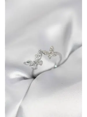 Kelebek Model Zirkon Taşlı Gümüş Renk Kadın Yüzük