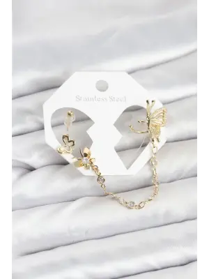 Kelebekli Model Çelik Gold Renk Zincir Bağlantılı Ear Cuff Küpe Seti