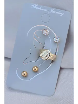 Kemerli Model Gold Metal Taşlı Kıkırdak Küpe Seti