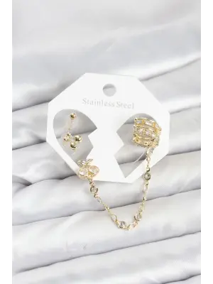 Kiraz Model Çelik Gold Renk Zincir Bağlantılı Ear Cuff Küpe Seti