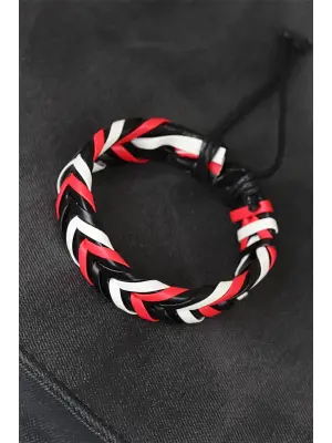 Kırmızı Beyaz Siyah Örgü Deri Erkek Bileklik