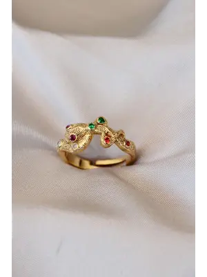 Kırmızı Gözlü Yılan Detaylı Zirkon Taşlı Ayarlamalı Yüzük