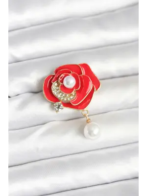 Kırmızı Gül İncili Model Broş