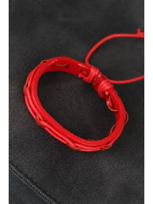 Kırmızı Renk Ayarlamalı İpli Deri Erkek Bileklik