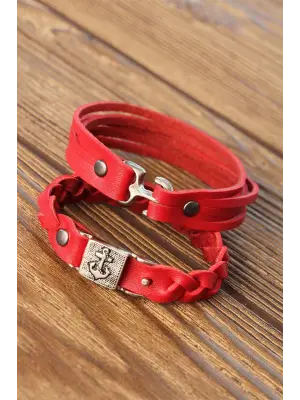 Kırmızı Renk Deri Erkek Bileklik Kombin
