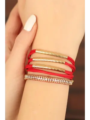 Kırmızı Renk Deri Taşlı Bayan Çoklu Bileklik