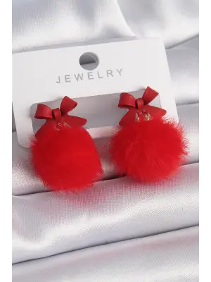Kırmızı Renk Kurdele Ponpon Model Çelik Küpe