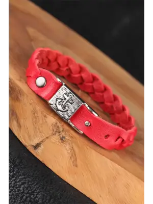 Kırmızı Renk Örgü Model Deniz Çapası Aksesuarlı Deri Erkek Bileklik