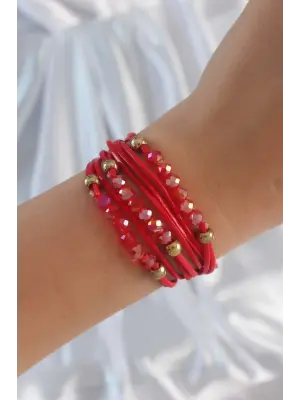 Kırmızı Renk Zirkon Taşlı İpli Çoklu Bileklik