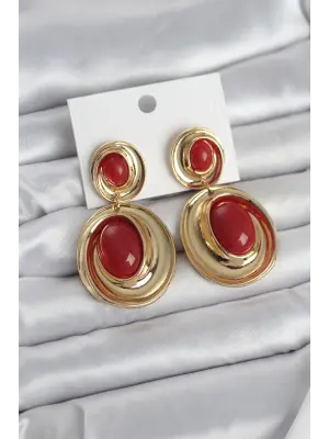Kırmızı Sallantılı Damla Model Gold Renk Vintage Kadın Küpe