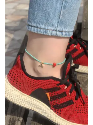 Kırmızı Taş Detaylı Mavi Boncuklu Halhal