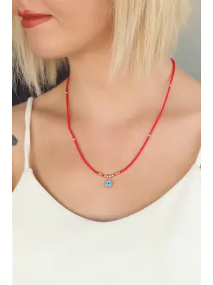 Kırmızı Taşlı Nazar Boncuklu Bayan Kolye
